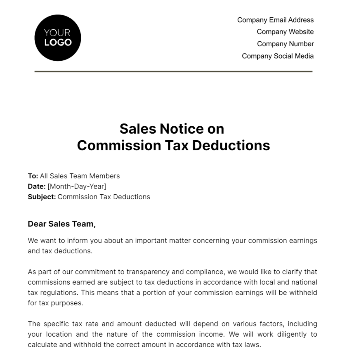 Sales Notice on Commission Tax Deductions Template