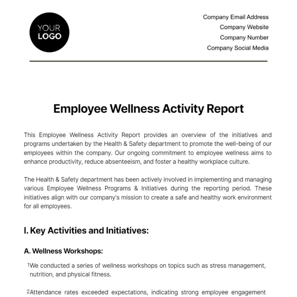 Free Employee Wellness Activity Report Template