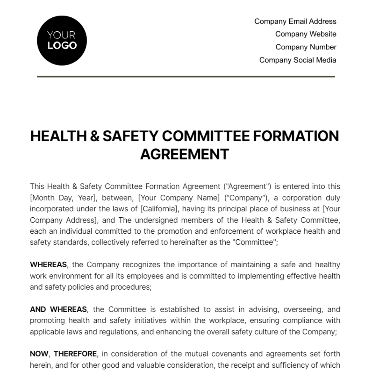 Health & Safety Committee Formation Agreement Template