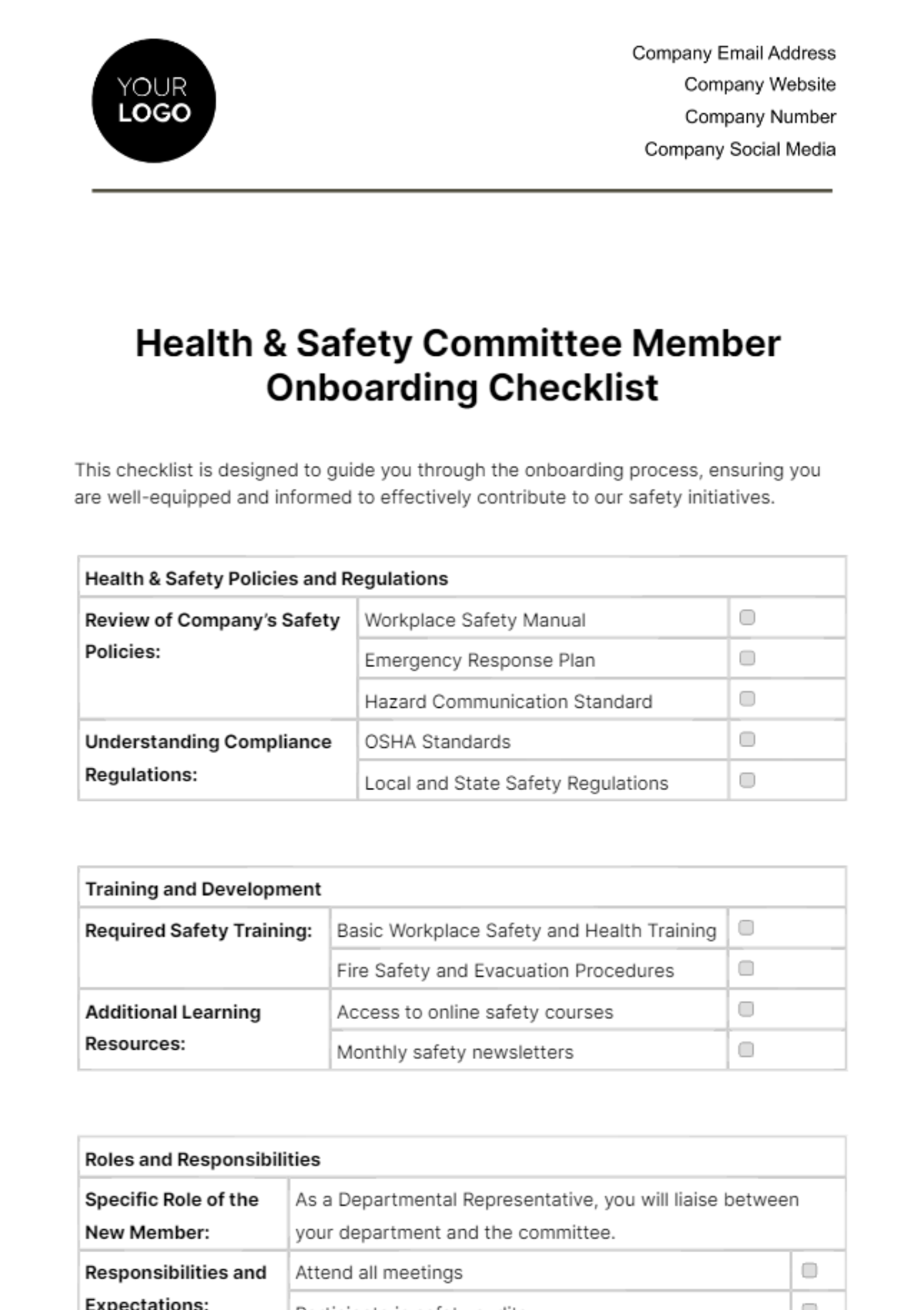 Health & Safety Committee Member Onboarding Checklist Template