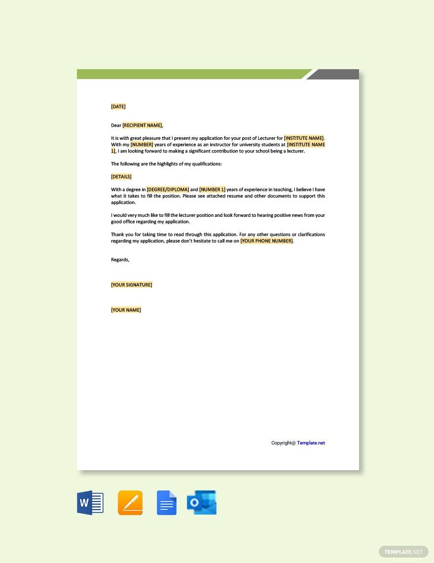 Application Letter for the Post of Lecturer Template in Google Docs, Pages, Word, Outlook, PDF - Download | Template.net