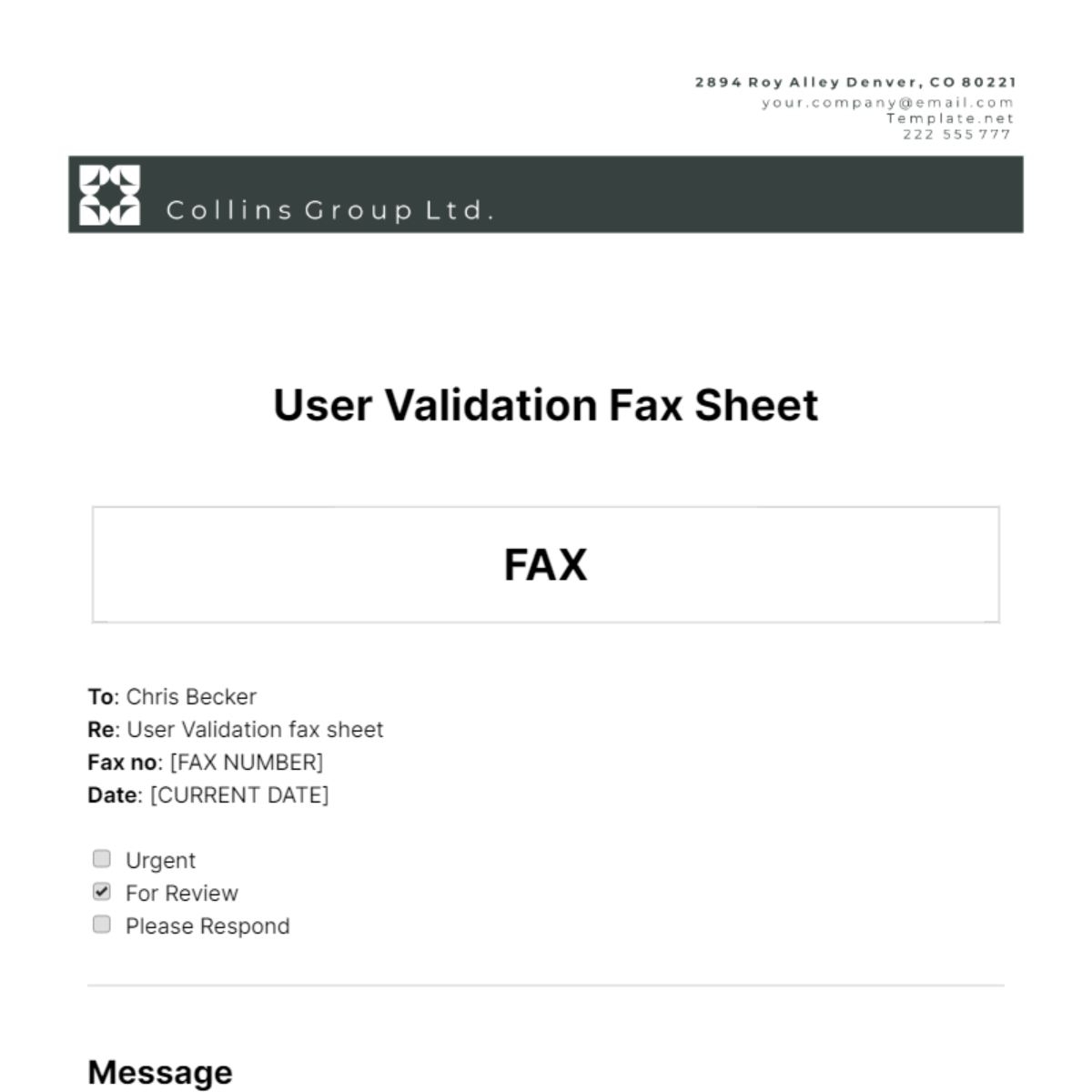 Free User Validation Fax Sheet Template