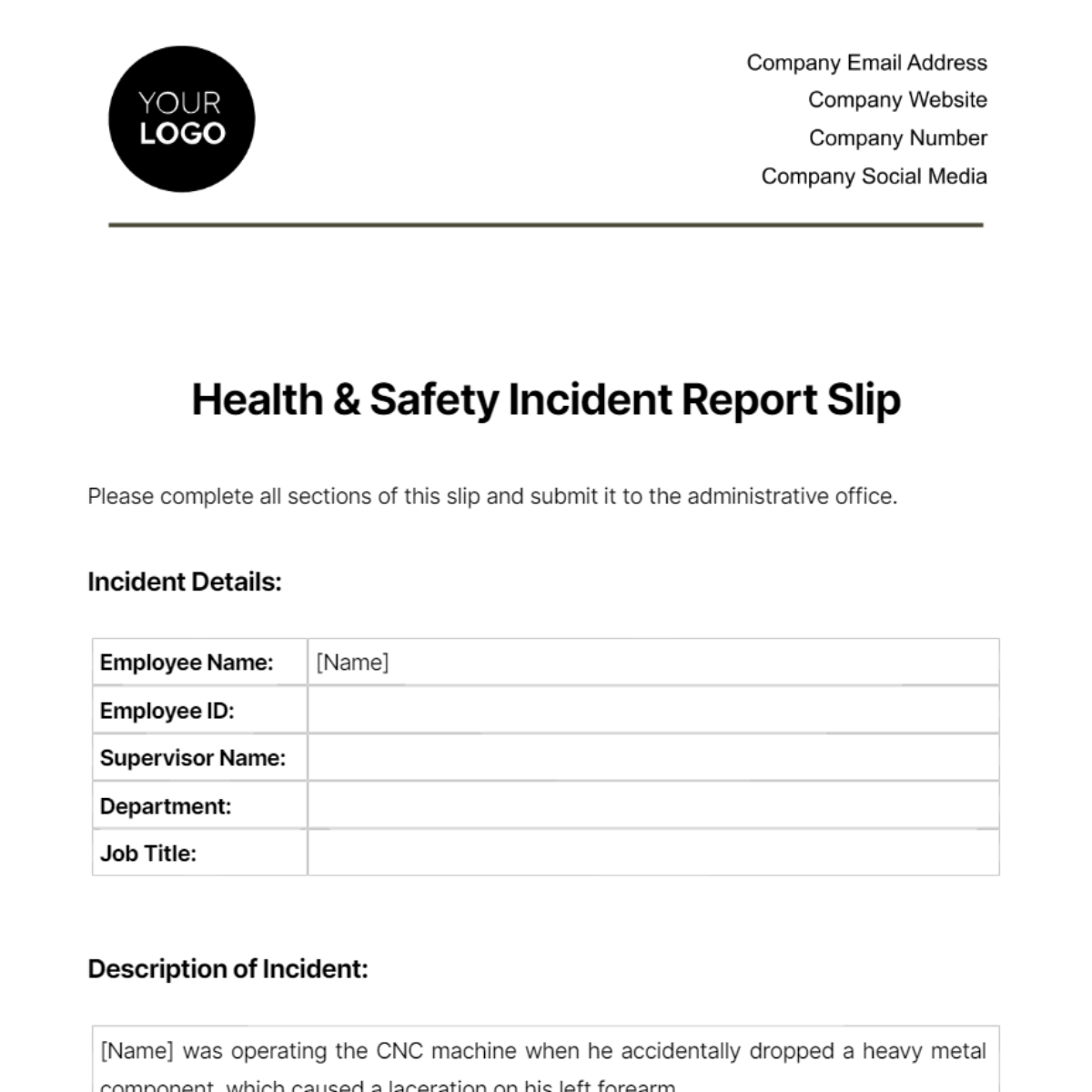 Health & Safety Incident Report Slip Template