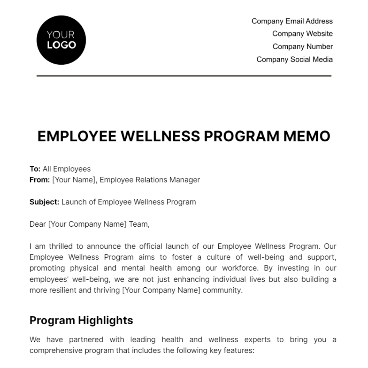 Employee Wellness Program Memo Template