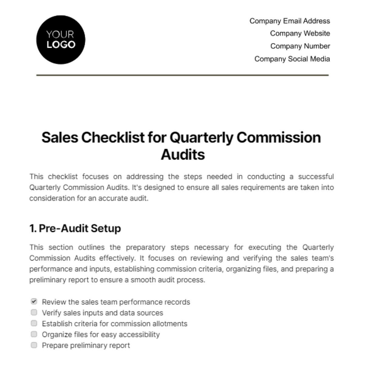 Sales Checklist for Quarterly Commission Audits Template