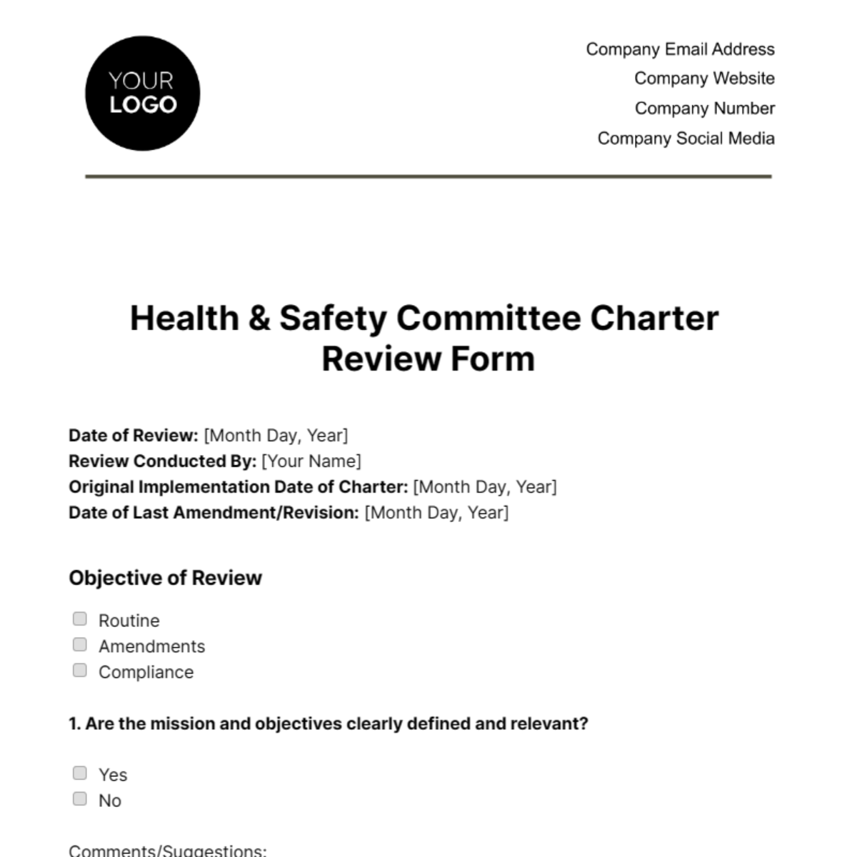 Health & Safety Committee Charter Review Form Template