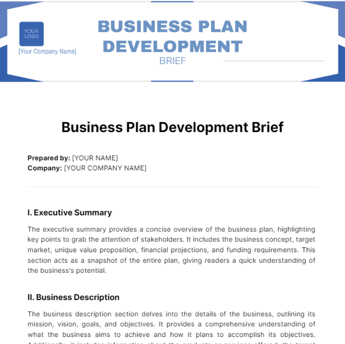 Free Business Plan Development Brief Template