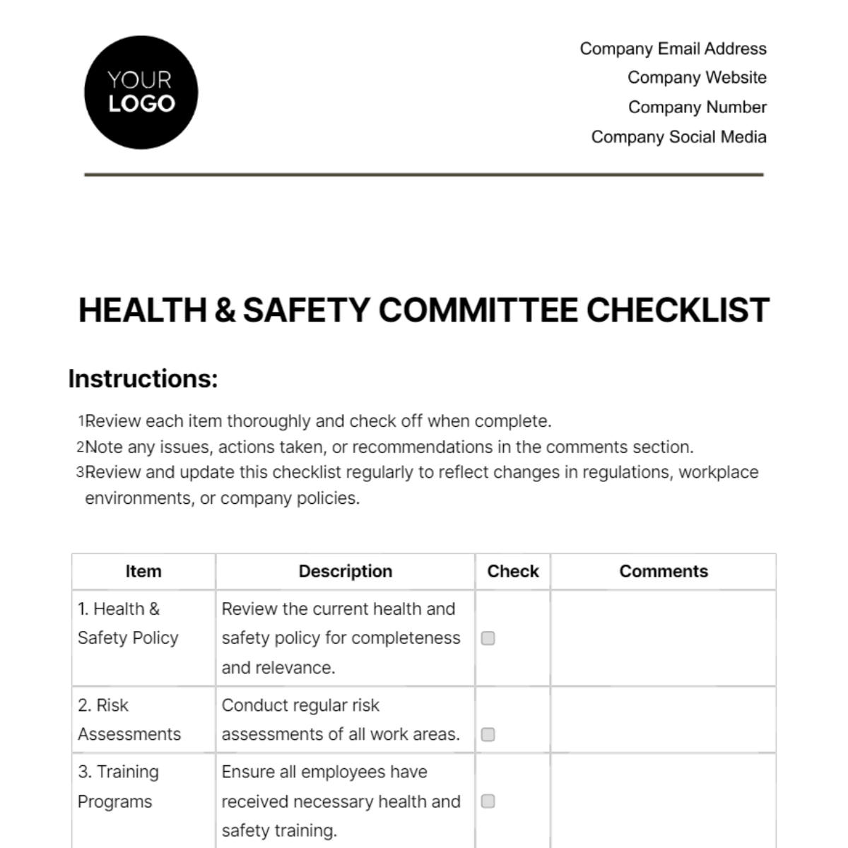 Health & Safety Committee Checklist Template
