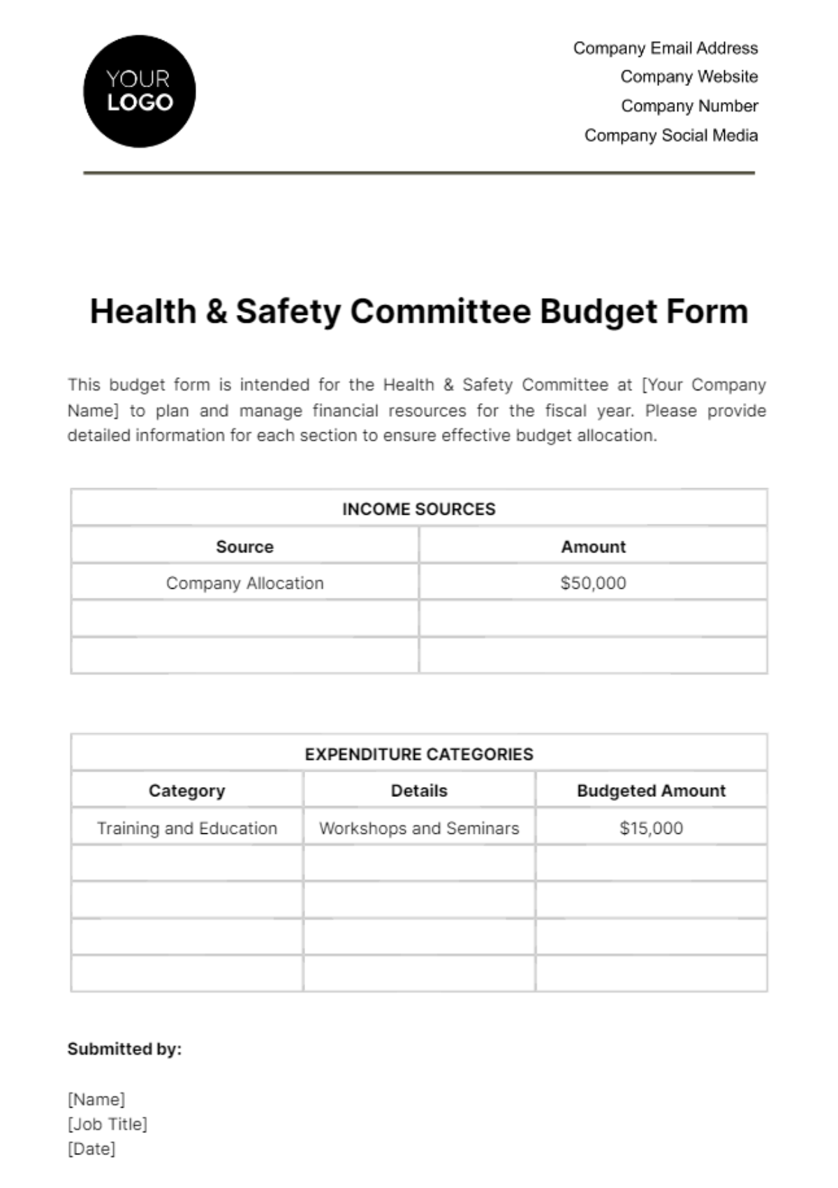 Free Health & Safety Committee Budget Form Template
