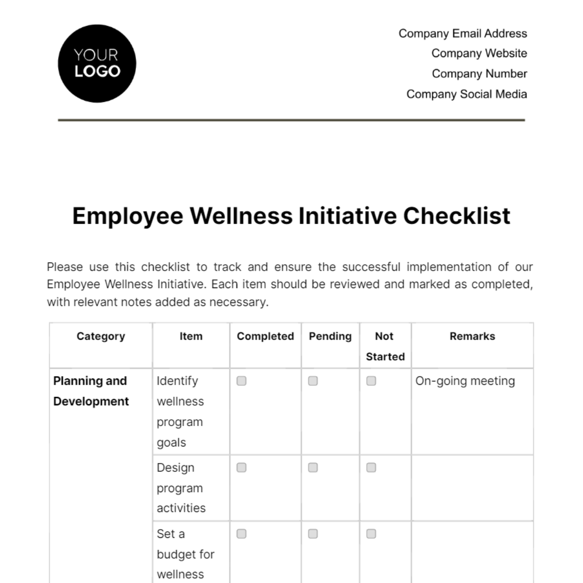 Employee Wellness Initiative Checklist Template - Edit Online & Download