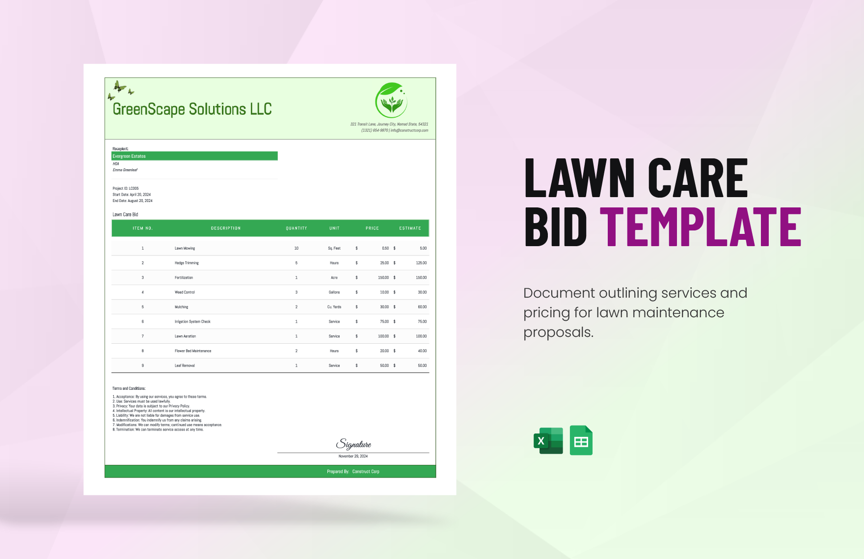 Lawn Care Bid Template in Excel, Google Sheets