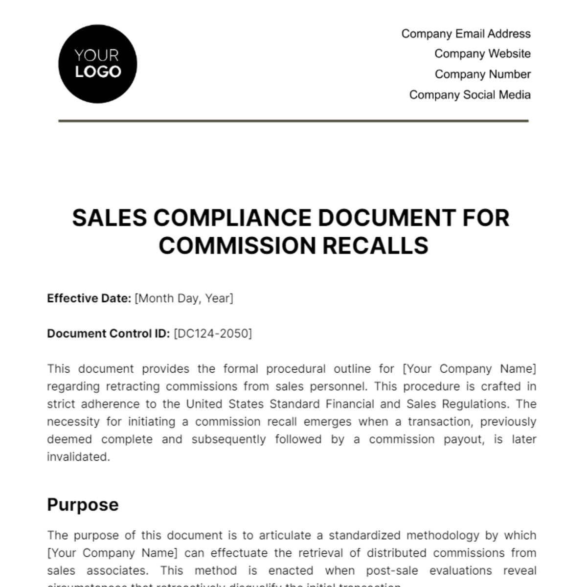 Sales Compliance Document for Commission Recalls Template