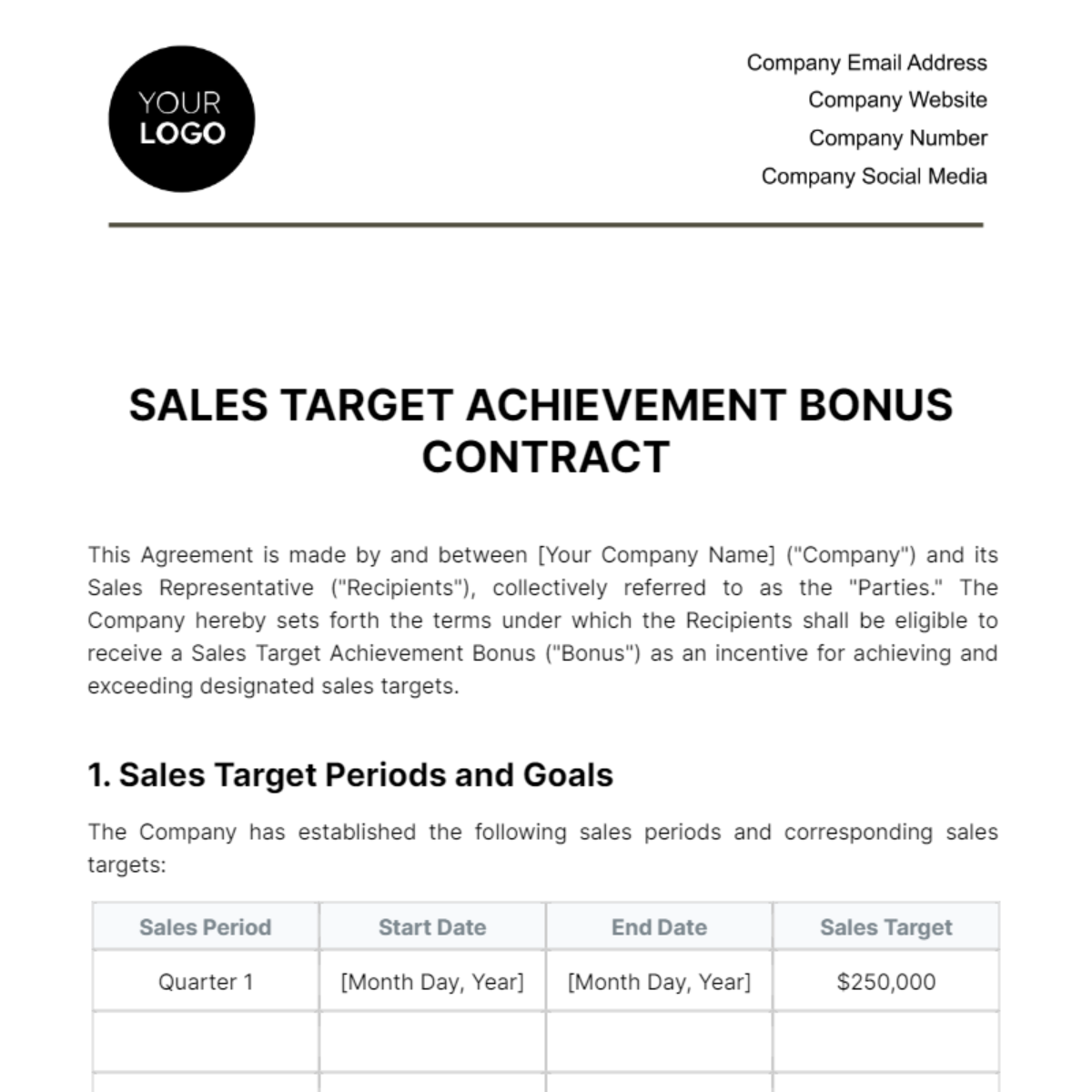 Free Sales Target Achievement Bonus Contract Template