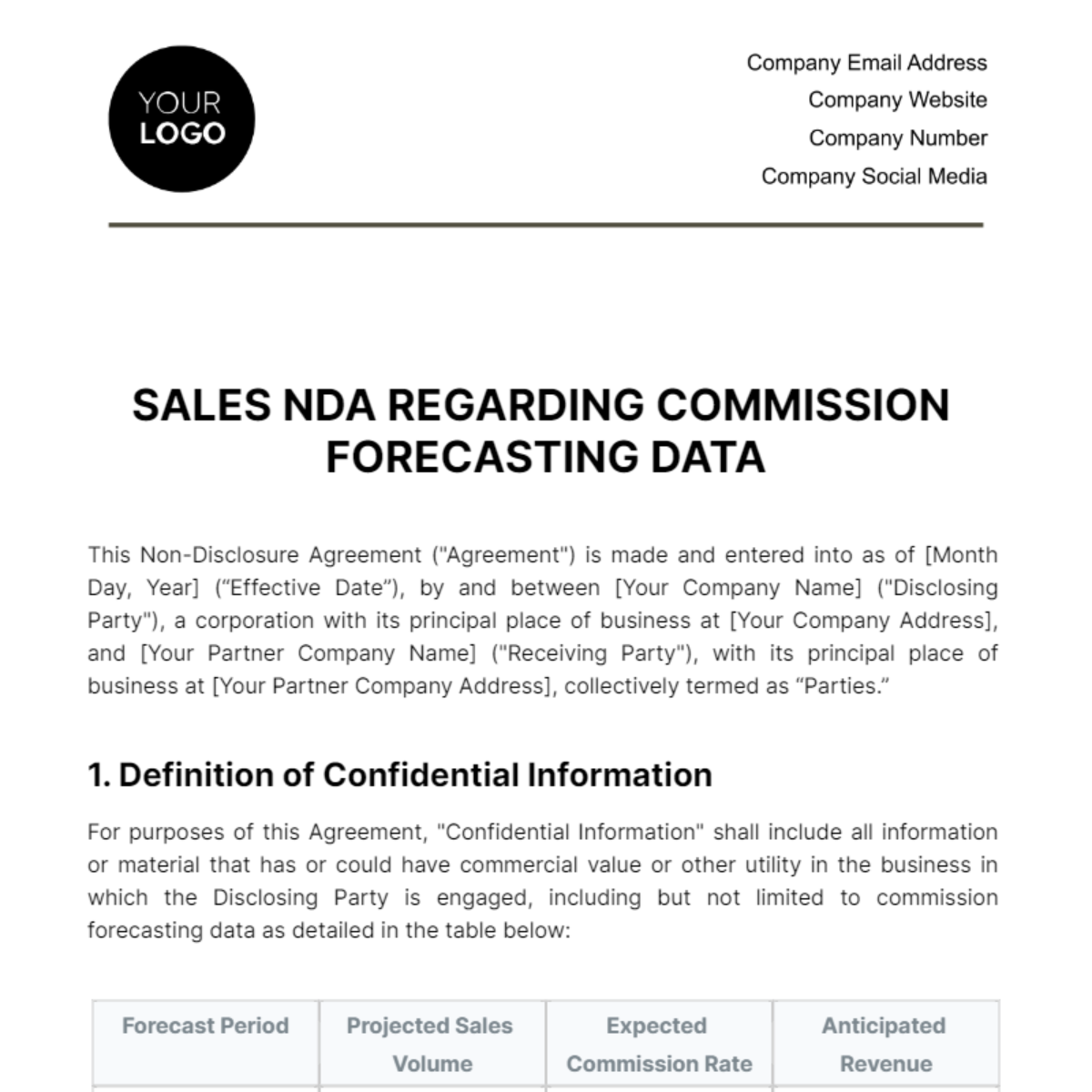 Free Sales NDA Regarding Commission Forecasting Data Template