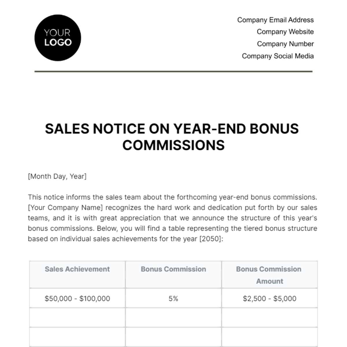 Sales Notice on Year-End Bonus Commissions Template