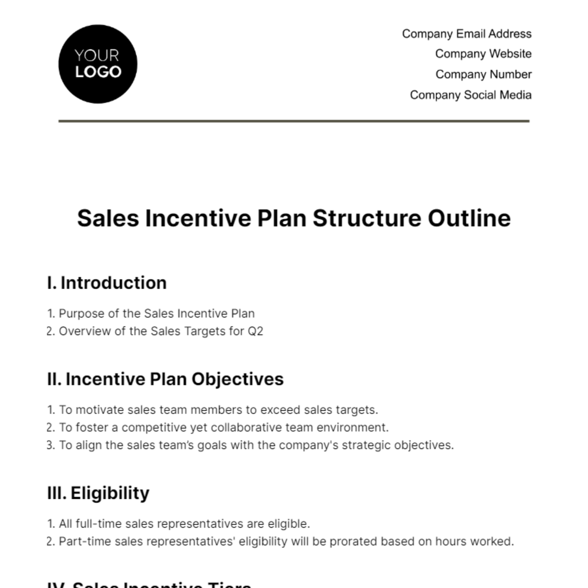 Sales Incentive Plan Structure Outline Template