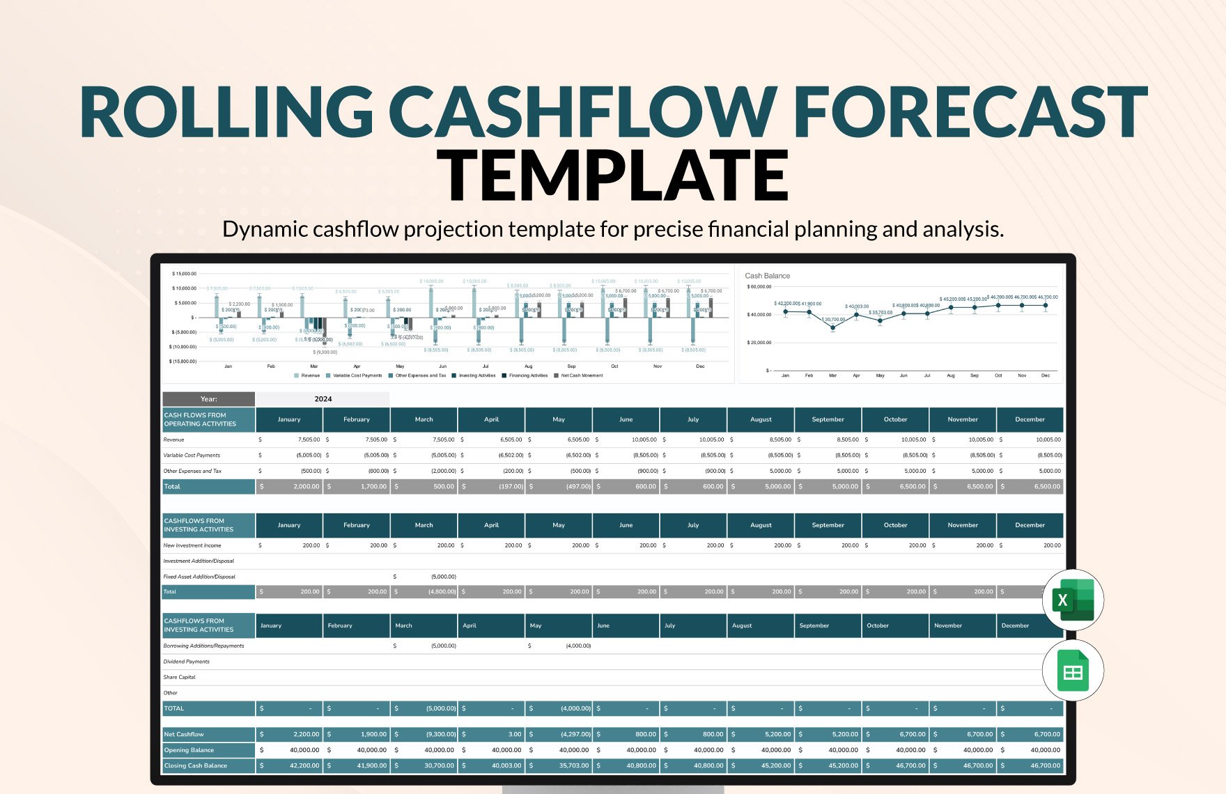 Rolling Cashflow Forecast Template in Excel, Google Sheets