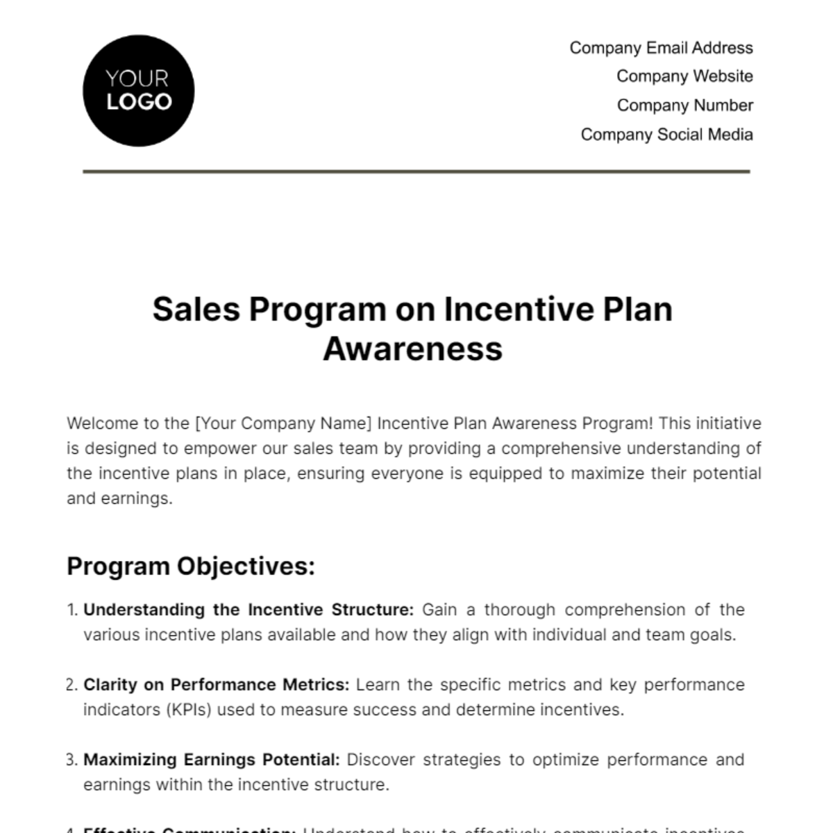 Free Sales Program on Incentive Plan Awareness Template
