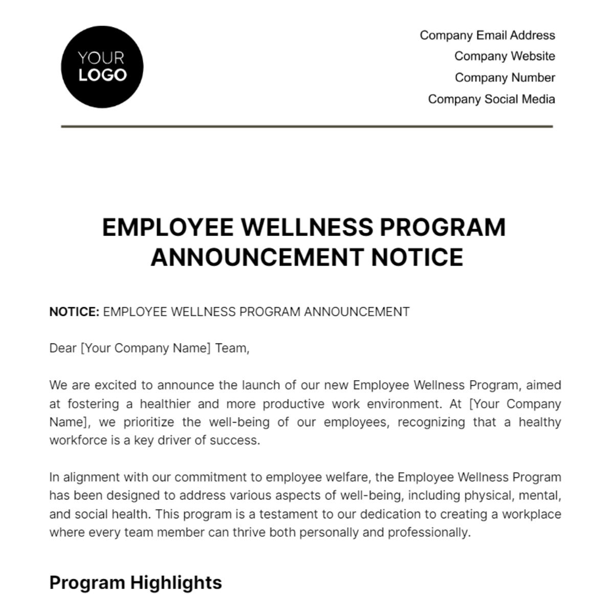 Employee Wellness Program Announcement Notice Template - Edit Online & Download