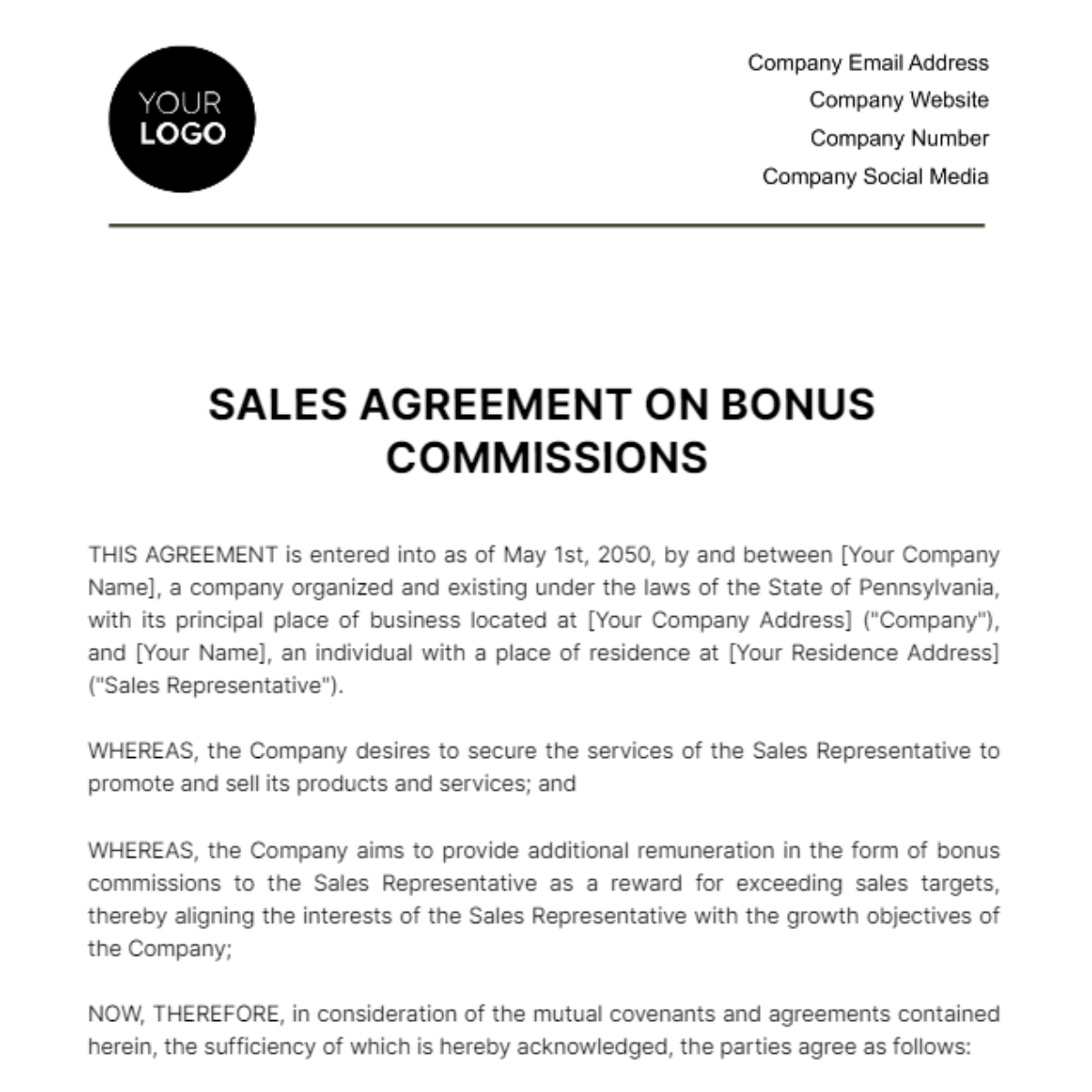 Sales Agreement on Bonus Commissions Template