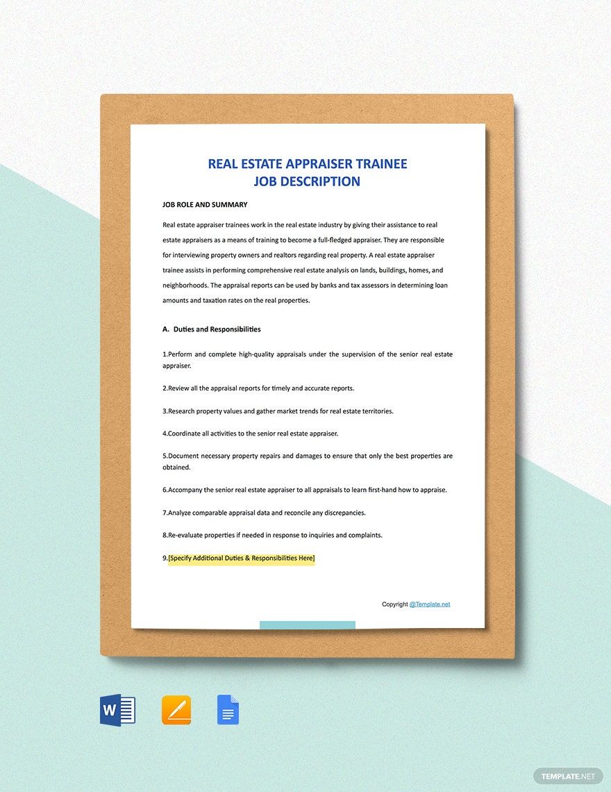 Real Estate Appraiser Trainee Job Description Template Google Docs 