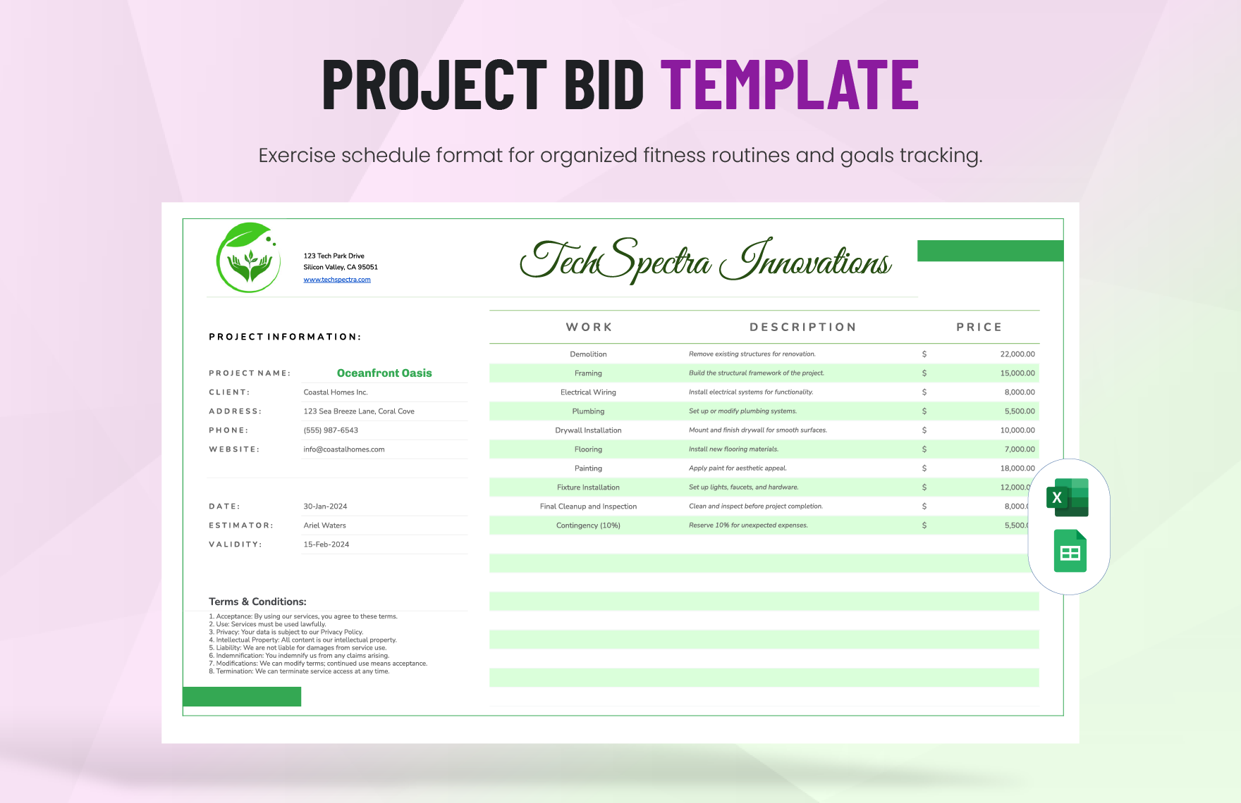 Project Bid Template in Excel, Google Sheets