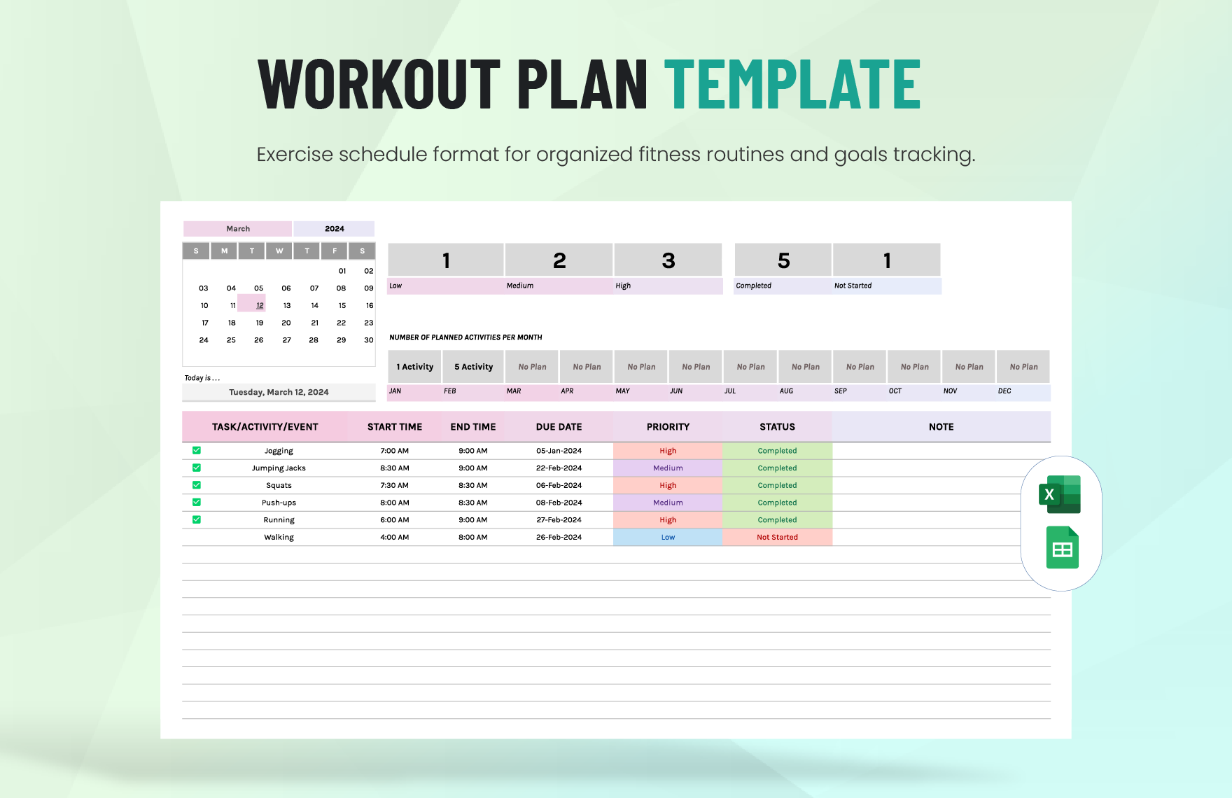 Workout Plan Template in Excel, Google Sheets