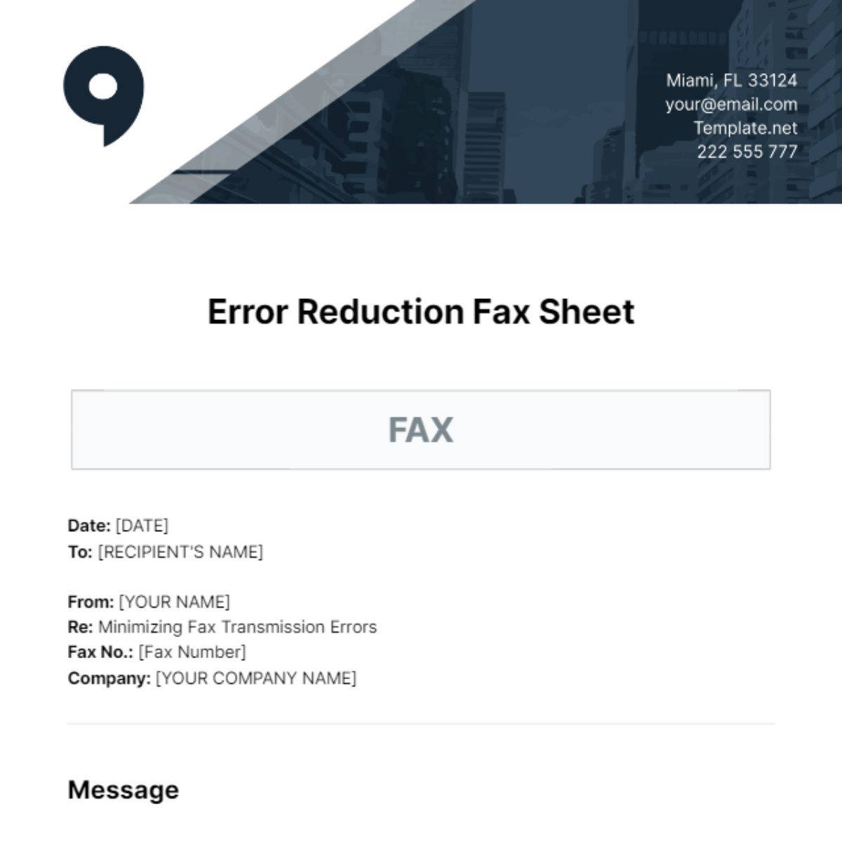 Error Reduction Fax Sheet Template