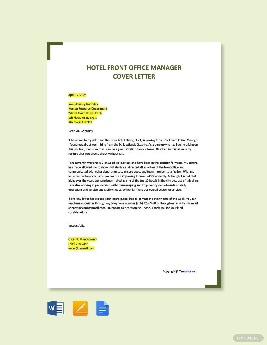 Hotel Front Office Manager Template in Word, Google Docs, PDF, Apple Pages