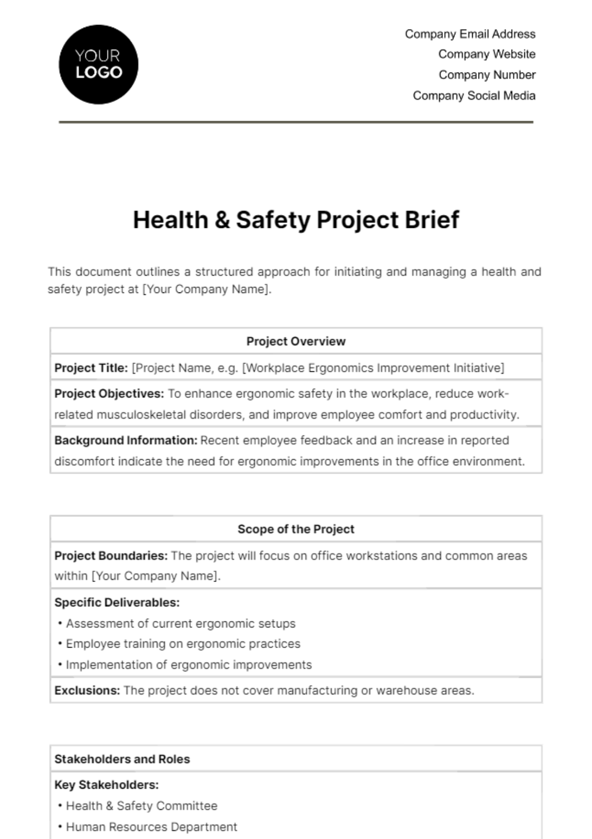 Free Health & Safety Project Brief Template