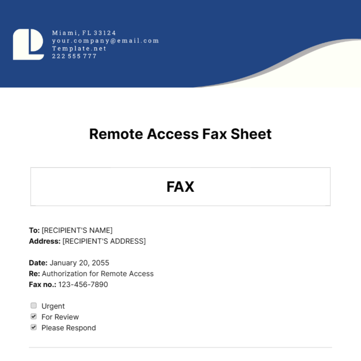 Remote Access Fax Sheet Template