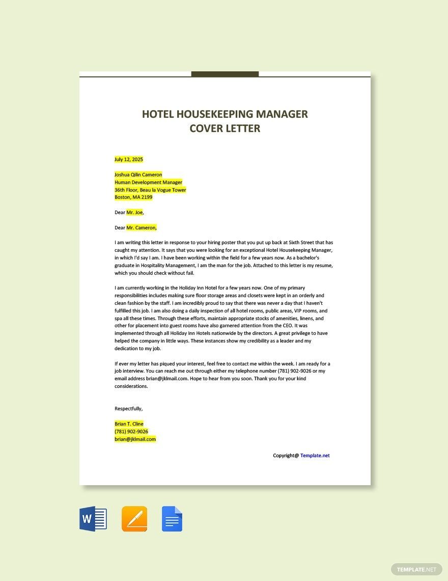 Check Hotel Housekeeping Manager Cover Letter Template