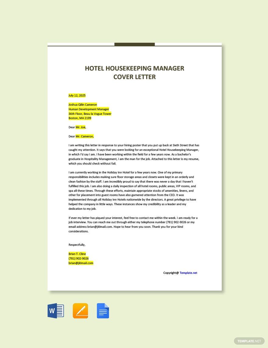 Free Check Hotel Housekeeping Manager Cover Letter Template in Word, Google Docs, PDF, Apple Pages