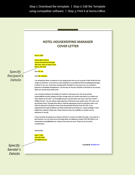 Check Free Hotel Housekeeping Manager Cover Letter Template