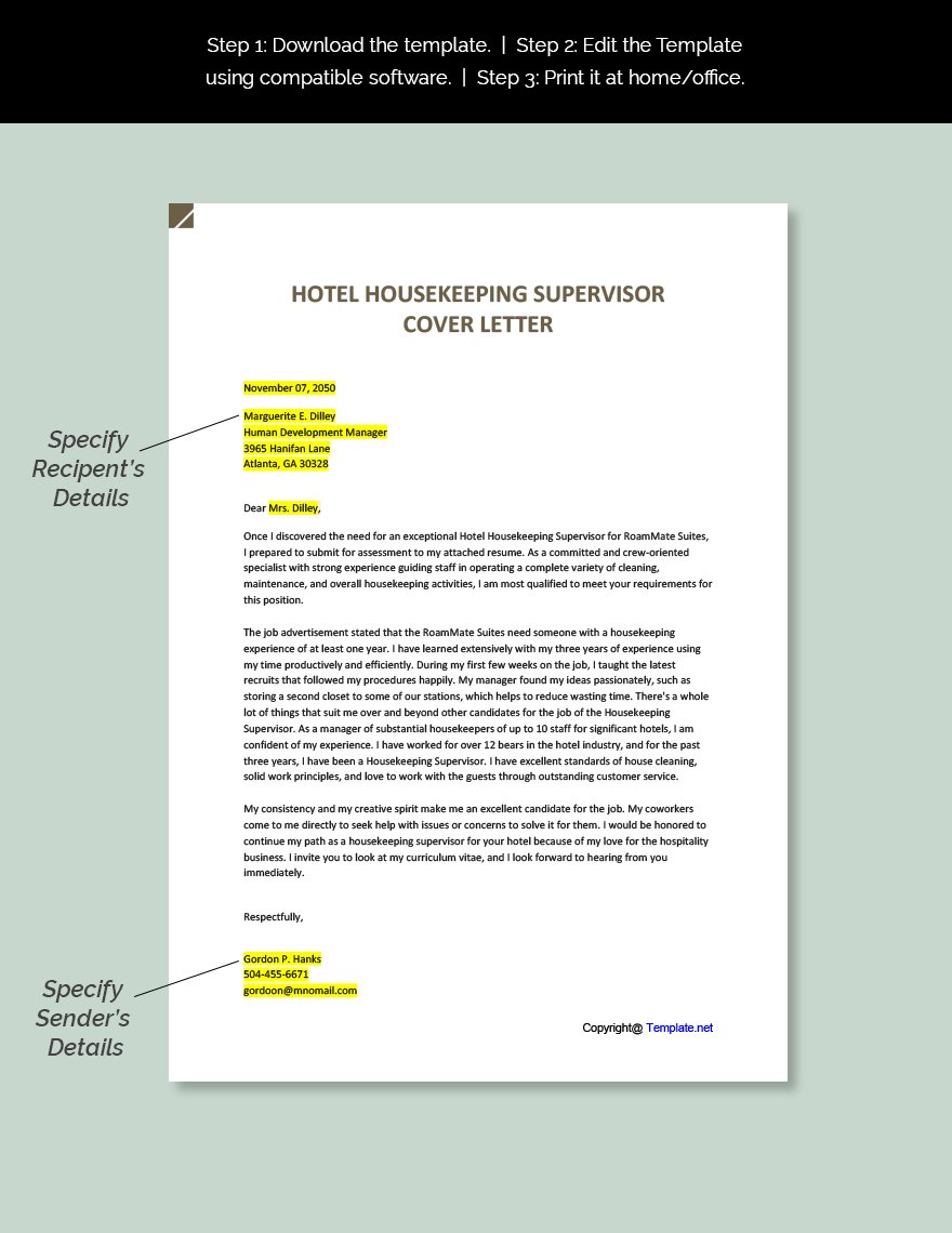 Hotel Housekeeping Supervisor Cover Letter Template