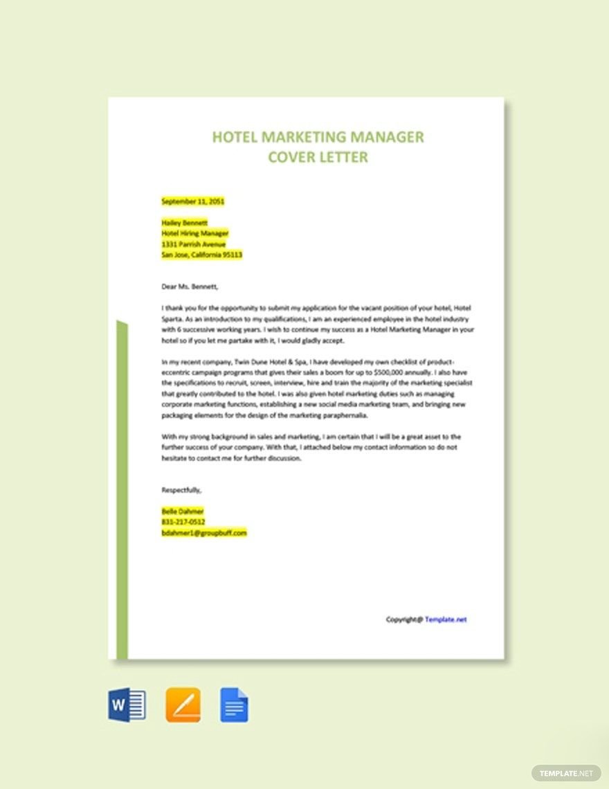 Hotel Marketing Manager Cover Letter