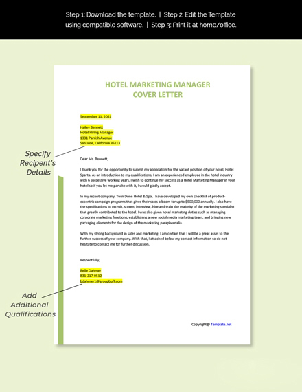 Free Hotel Marketing Manager Cover Letter Template