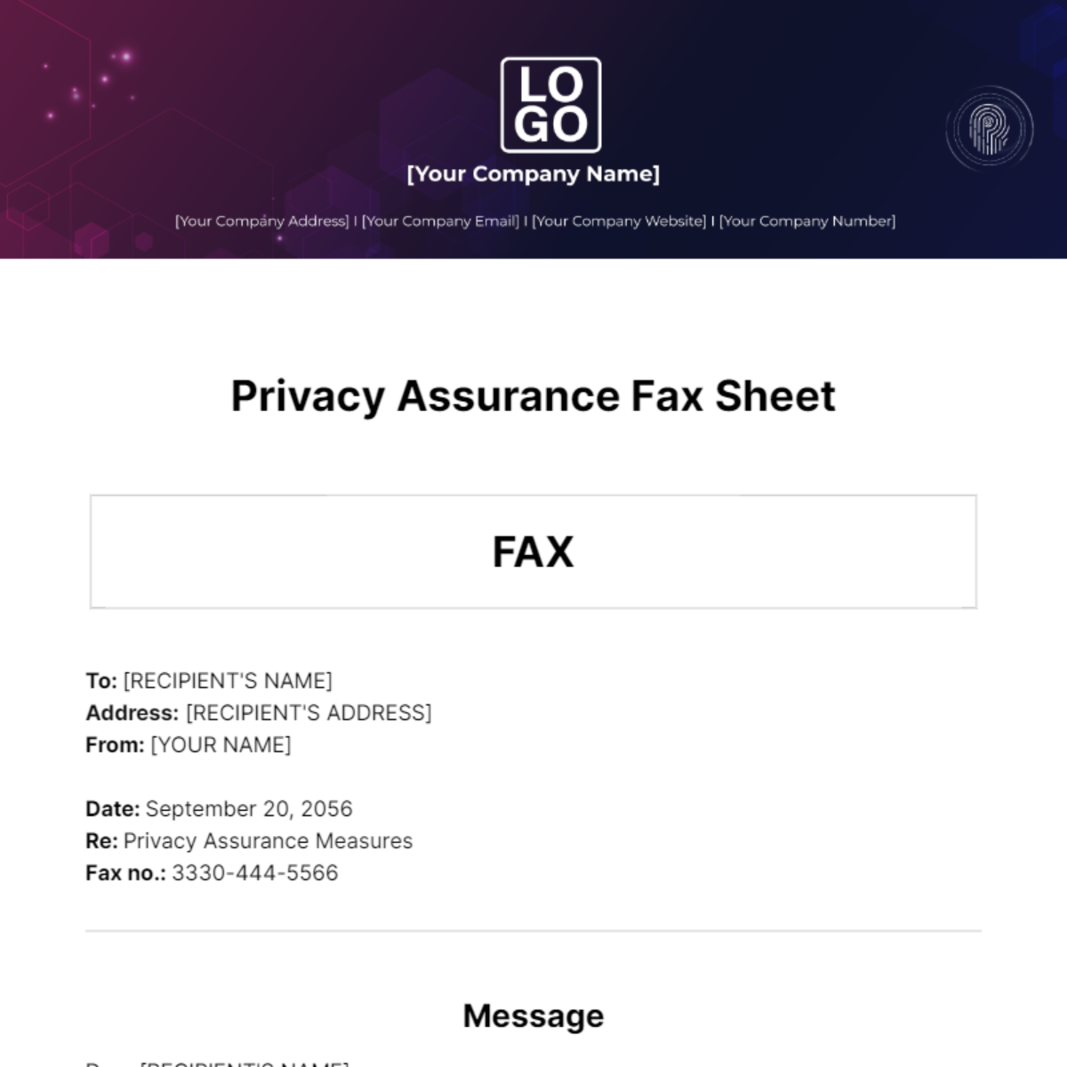 Privacy Assurance Fax Sheet Template