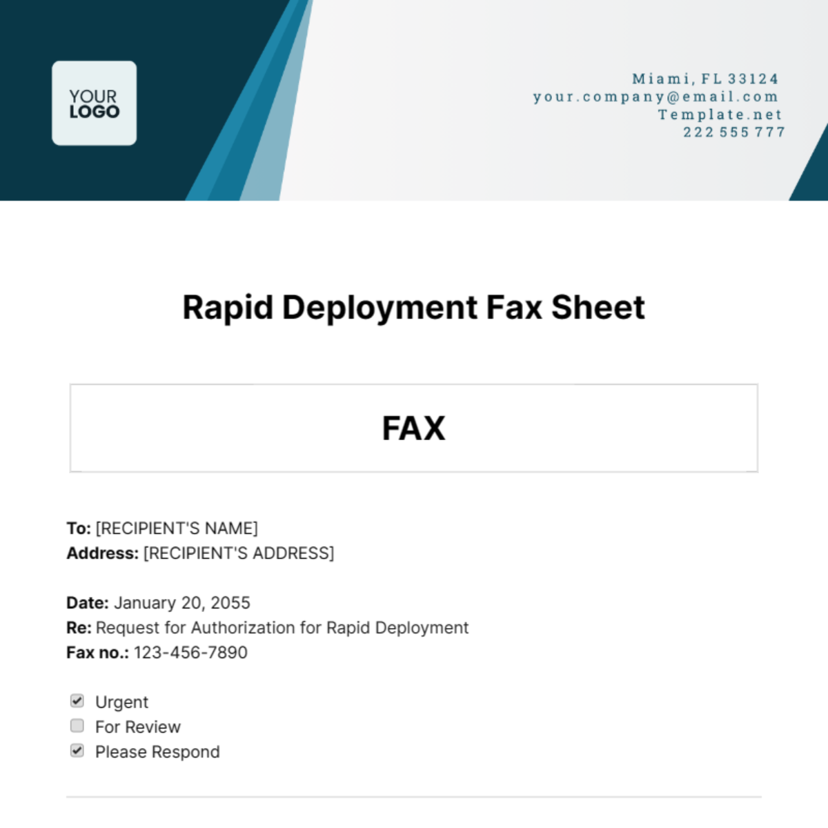 Rapid Deployment Fax Sheet Template