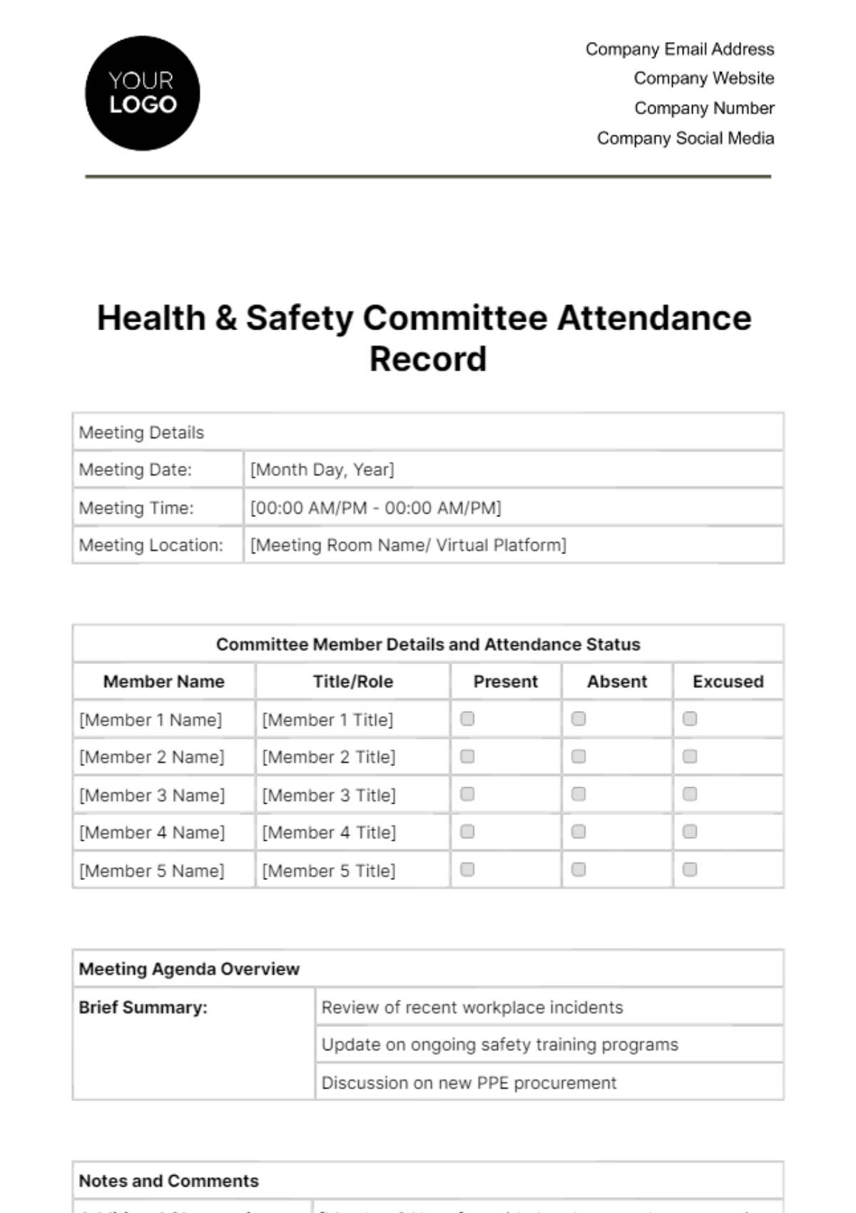 Free Health & Safety Committee Attendance Record Template
