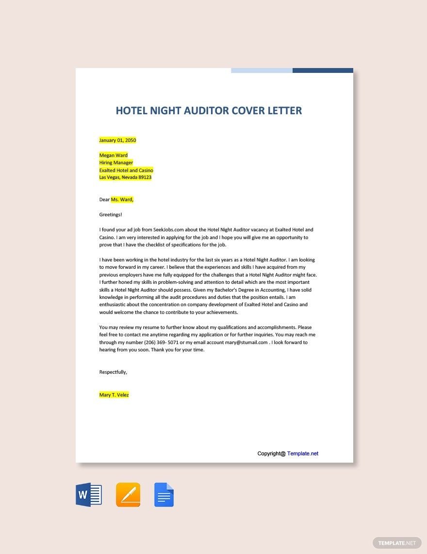 Hotel Night Auditor Cover Letter Template