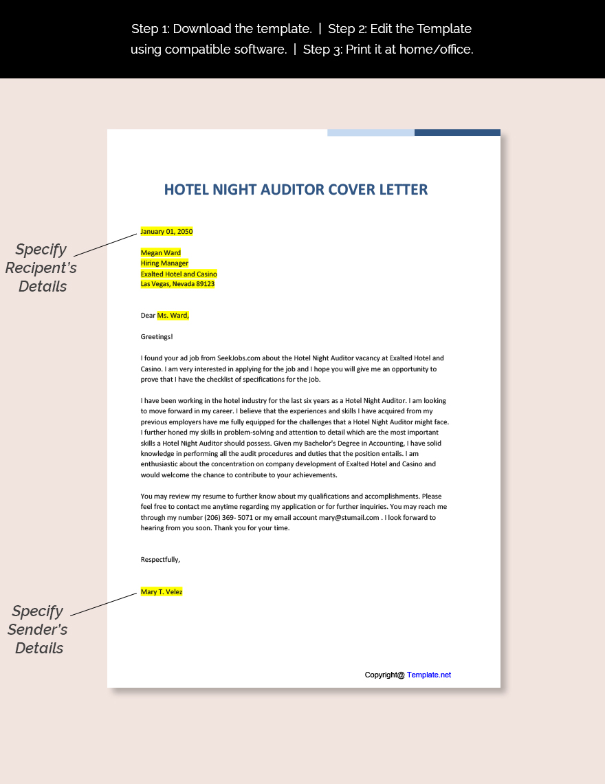 Hotel Night Auditor Cover Letter Template