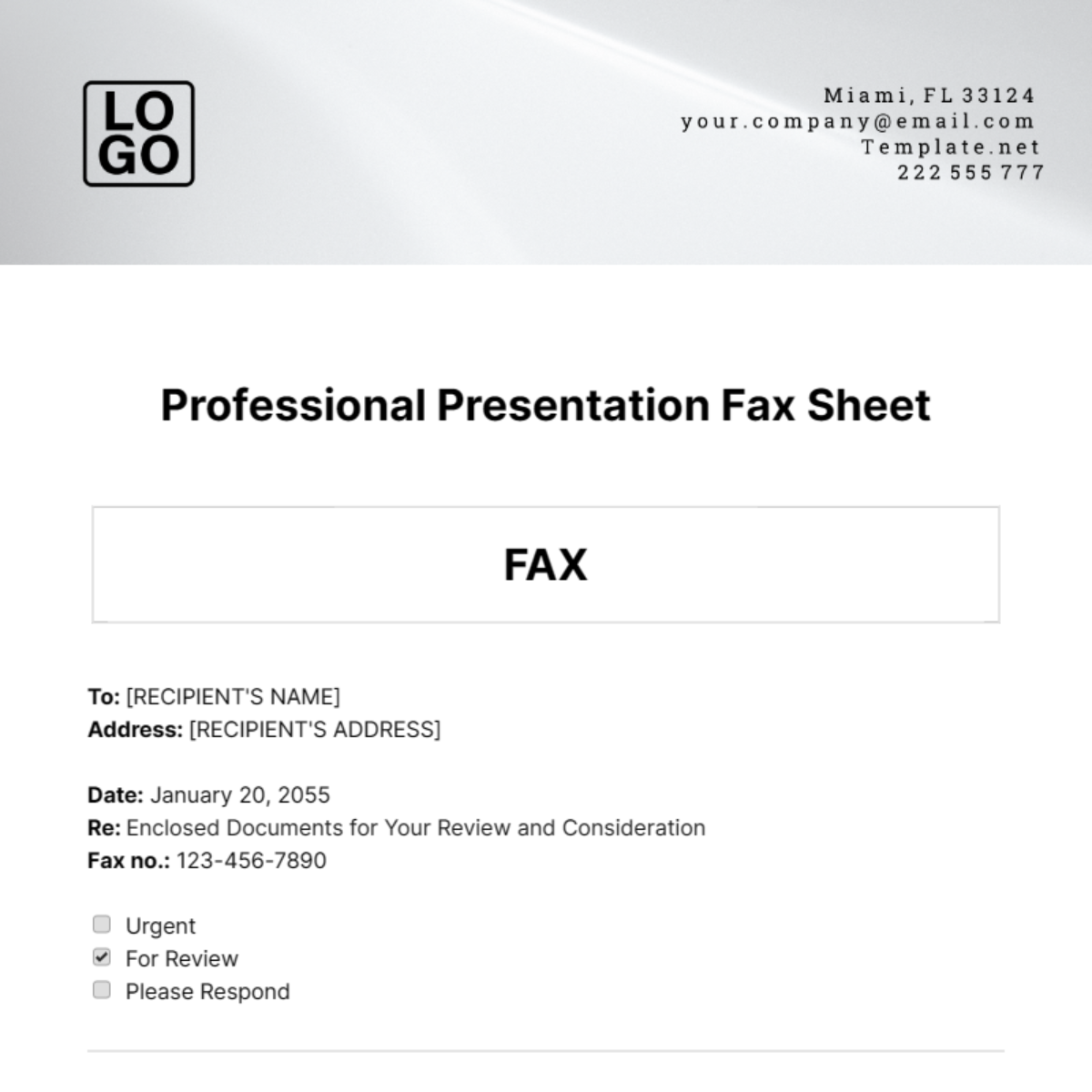 Professional Presentation Fax Sheet Template