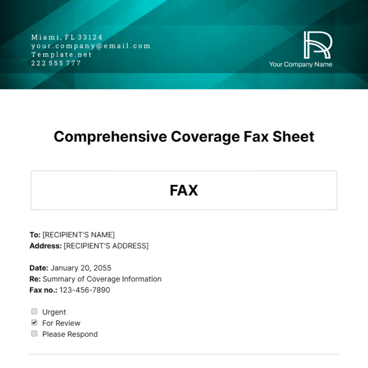 Comprehensive Coverage Fax Sheet Template