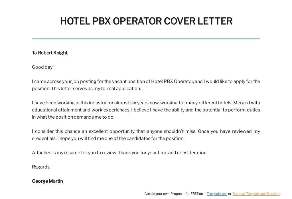 Free Hotel PBX Operator Cover Letter Template.jpe