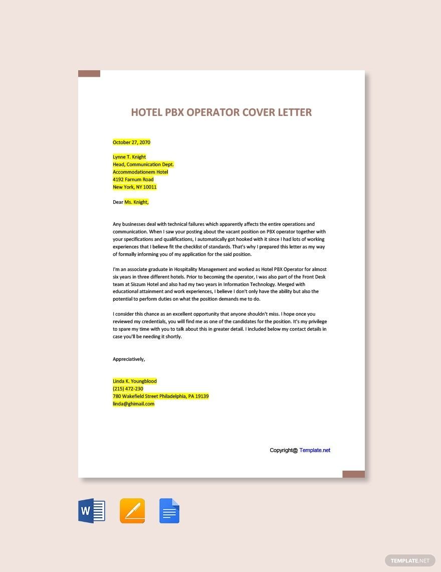 Hotel PBX Operator Cover Letter Template