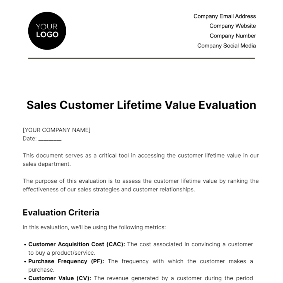 Sales Customer Lifetime Value Evaluation Template