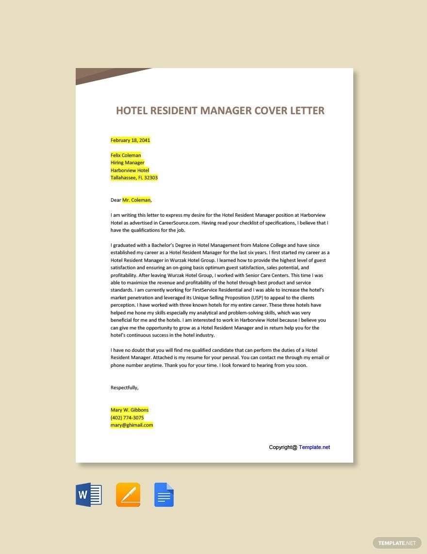 Hotel Resident Manager Cover Letter Template