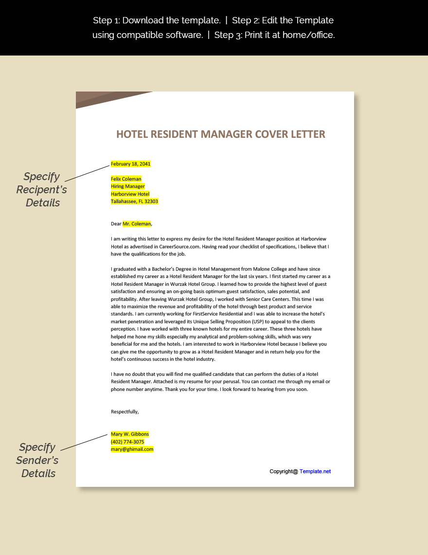 Hotel Resident Manager Cover Letter Template