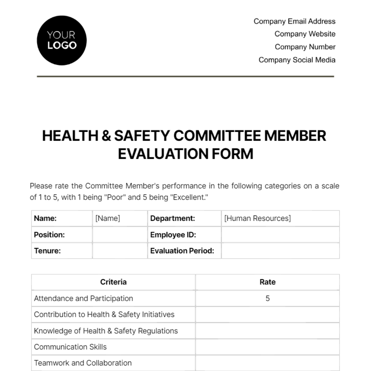 Free Health & Safety Committee Member Evaluation Form Template